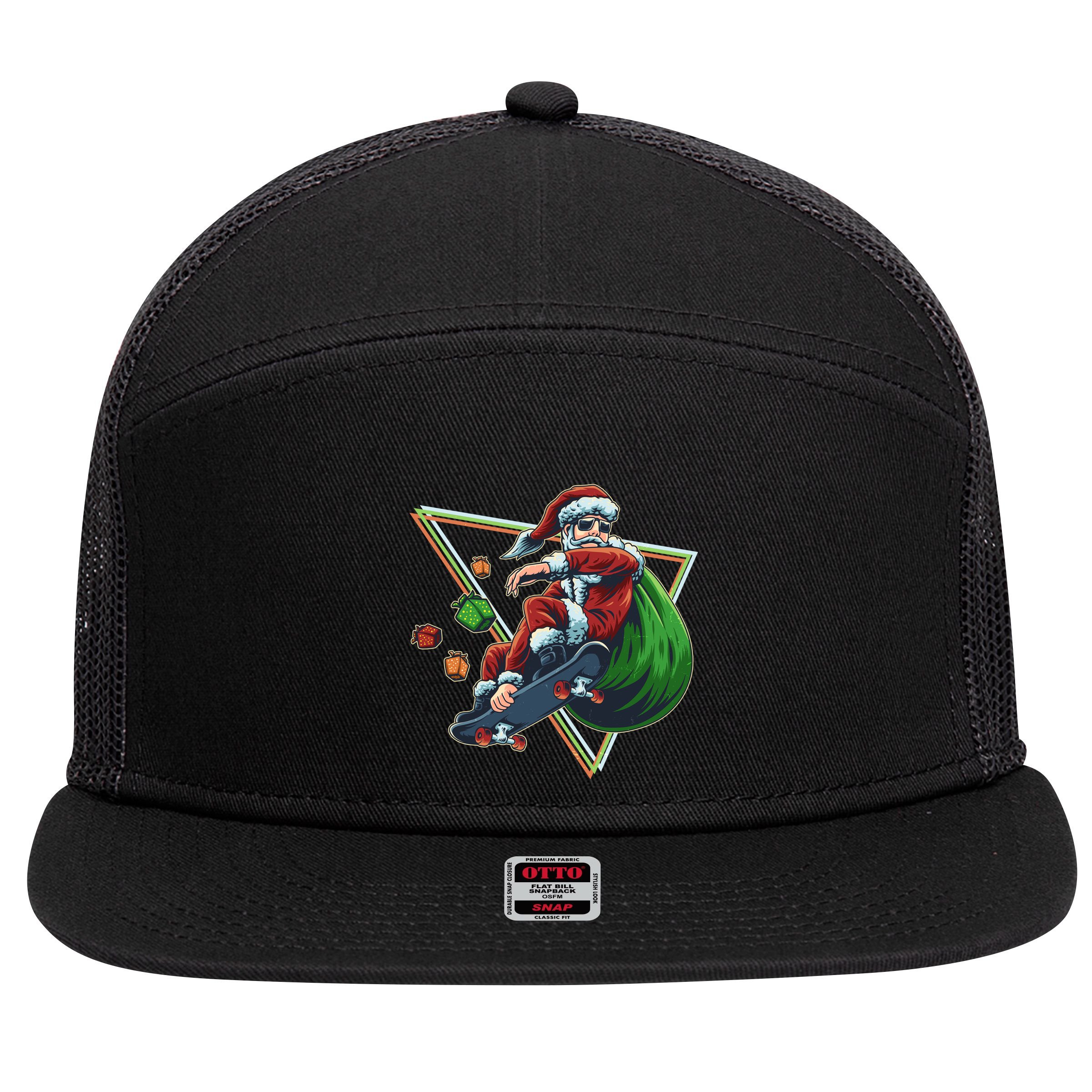 Retro Christmas Skateboarding Sk8 Santa Claus 7 Panel Mesh Trucker Snapback Hat
