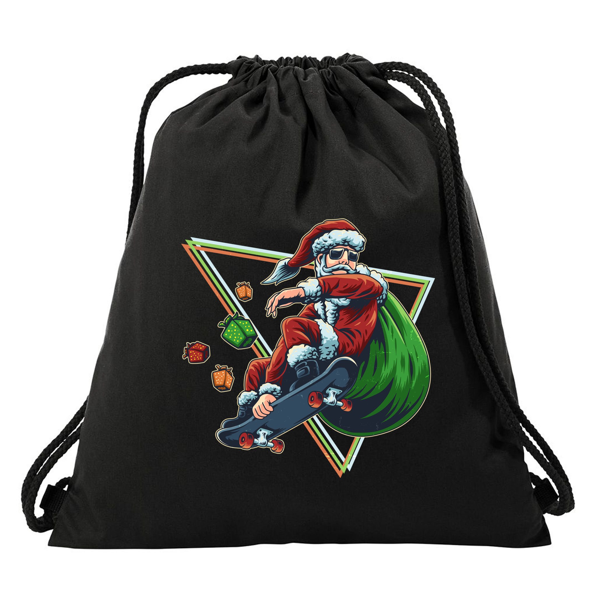 Retro Christmas Skateboarding Sk8 Santa Claus Drawstring Bag