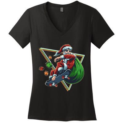 Retro Christmas Skateboarding Sk8 Santa Claus Women's V-Neck T-Shirt