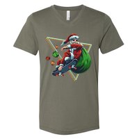 Retro Christmas Skateboarding Sk8 Santa Claus V-Neck T-Shirt