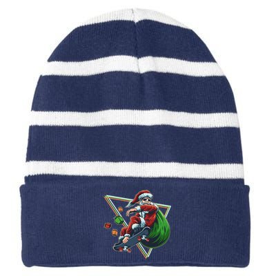 Retro Christmas Skateboarding Sk8 Santa Claus Striped Beanie with Solid Band