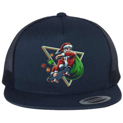 Retro Christmas Skateboarding Sk8 Santa Claus Flat Bill Trucker Hat