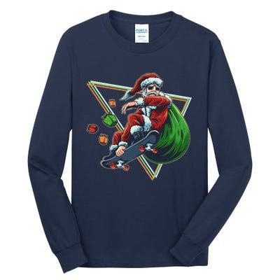 Retro Christmas Skateboarding Sk8 Santa Claus Tall Long Sleeve T-Shirt