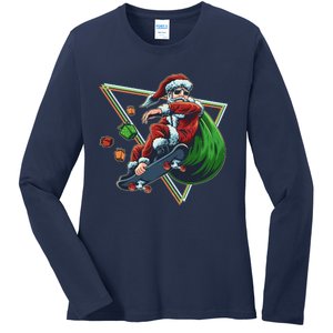 Retro Christmas Skateboarding Sk8 Santa Claus Ladies Long Sleeve Shirt