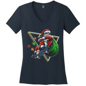 Retro Christmas Skateboarding Sk8 Santa Claus Women's V-Neck T-Shirt