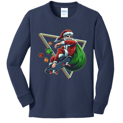 Retro Christmas Skateboarding Sk8 Santa Claus Kids Long Sleeve Shirt