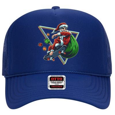 Retro Christmas Skateboarding Sk8 Santa Claus High Crown Mesh Back Trucker Hat