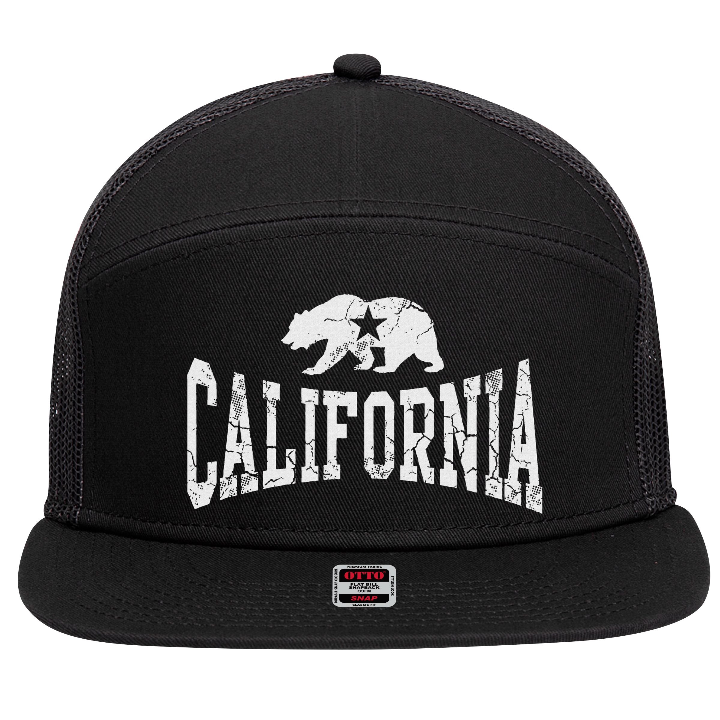 Retro California State Flag Bear Vintage Distressed Graphic 7 Panel Mesh Trucker Snapback Hat