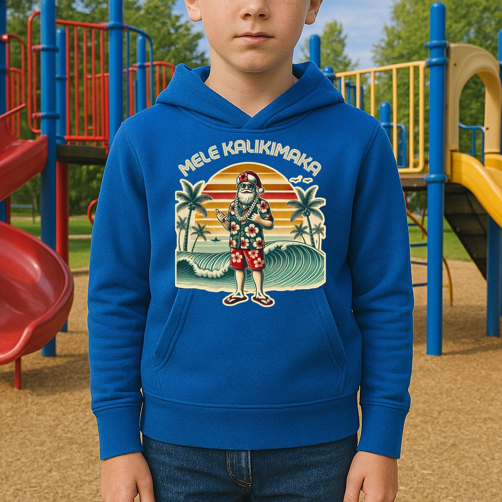Retro Christmas Surf Mele Kalikimaka Santa Shaka Hawaii Gift Kids Hoodie