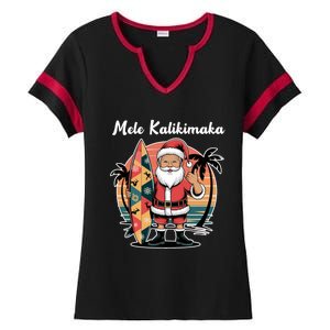 Retro Christmas Surf Mele Kalikimaka Santa Shaka Hawaii Cute Gift Ladies Halftime Notch Neck Tee