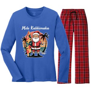 Retro Christmas Surf Mele Kalikimaka Santa Shaka Hawaii Cute Gift Women's Long Sleeve Flannel Pajama Set 