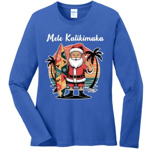 Retro Christmas Surf Mele Kalikimaka Santa Shaka Hawaii Cute Gift Ladies Long Sleeve Shirt