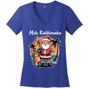 Retro Christmas Surf Mele Kalikimaka Santa Shaka Hawaii Cute Gift Women's V-Neck T-Shirt