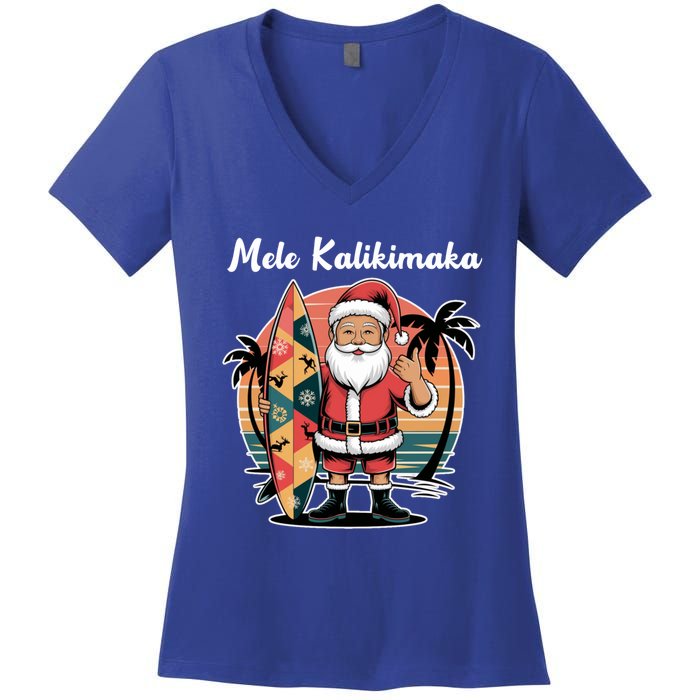 Retro Christmas Surf Mele Kalikimaka Santa Shaka Hawaii Cute Gift Women's V-Neck T-Shirt