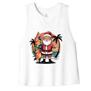 Retro Christmas Surf Mele Kalikimaka Santa Shaka Hawaii Cute Gift Women's Racerback Cropped Tank