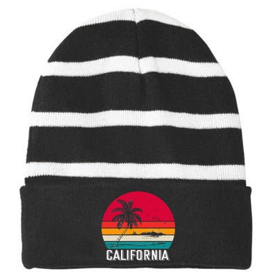 Retro California Surf Vintage Beach Cali 70s Venice Palm Sun Striped Beanie with Solid Band