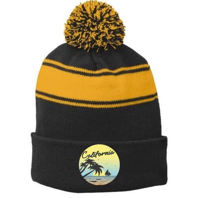 Retro California Surf Vintage Beach Cali 70s Venice Palm Sun Stripe Pom Pom Beanie