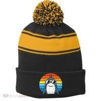 Retro Cool Shark With Sunglasses Funny Shark Stripe Pom Pom Beanie