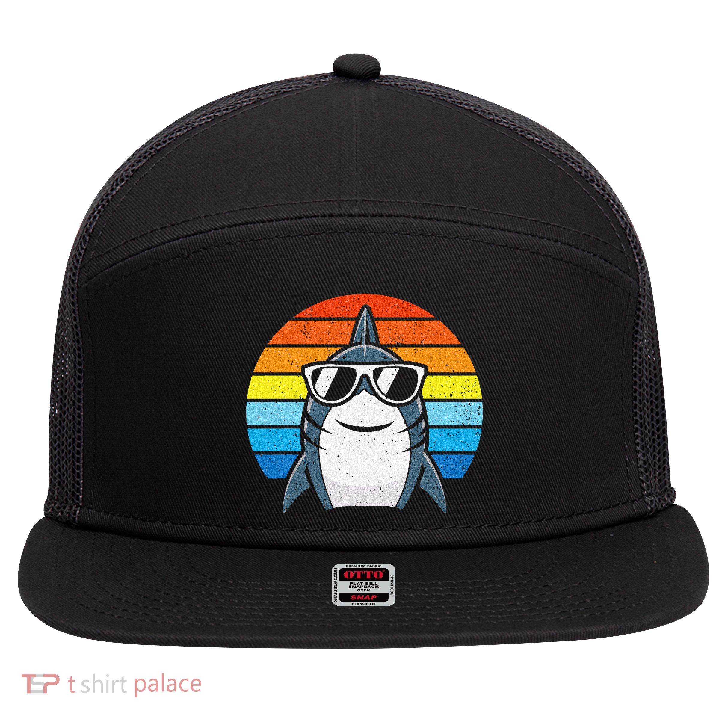 Retro Cool Shark With Sunglasses Funny Shark 7 Panel Mesh Trucker Snapback Hat
