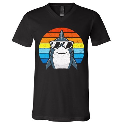 Retro Cool Shark With Sunglasses Funny Shark V-Neck T-Shirt