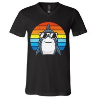 Retro Cool Shark With Sunglasses Funny Shark V-Neck T-Shirt