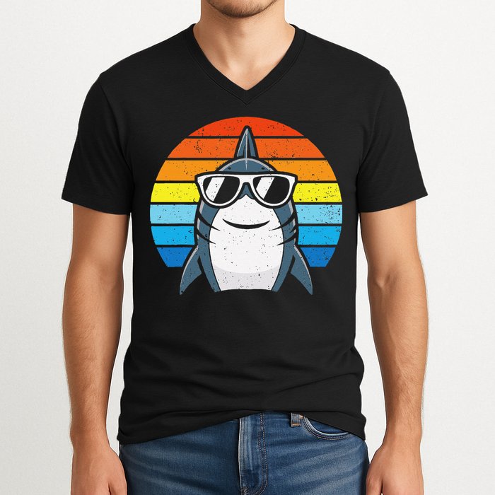 Retro Cool Shark With Sunglasses Funny Shark V-Neck T-Shirt