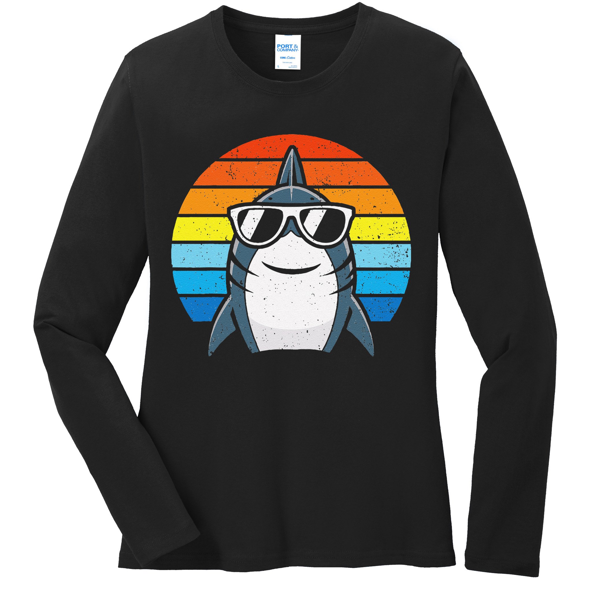Retro Cool Shark With Sunglasses Funny Shark Ladies Long Sleeve Shirt