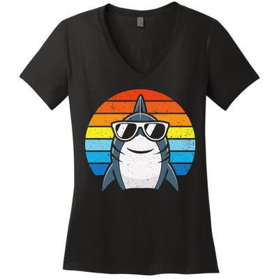 Retro Cool Shark With Sunglasses Funny Shark Women's V-Neck T-Shirt