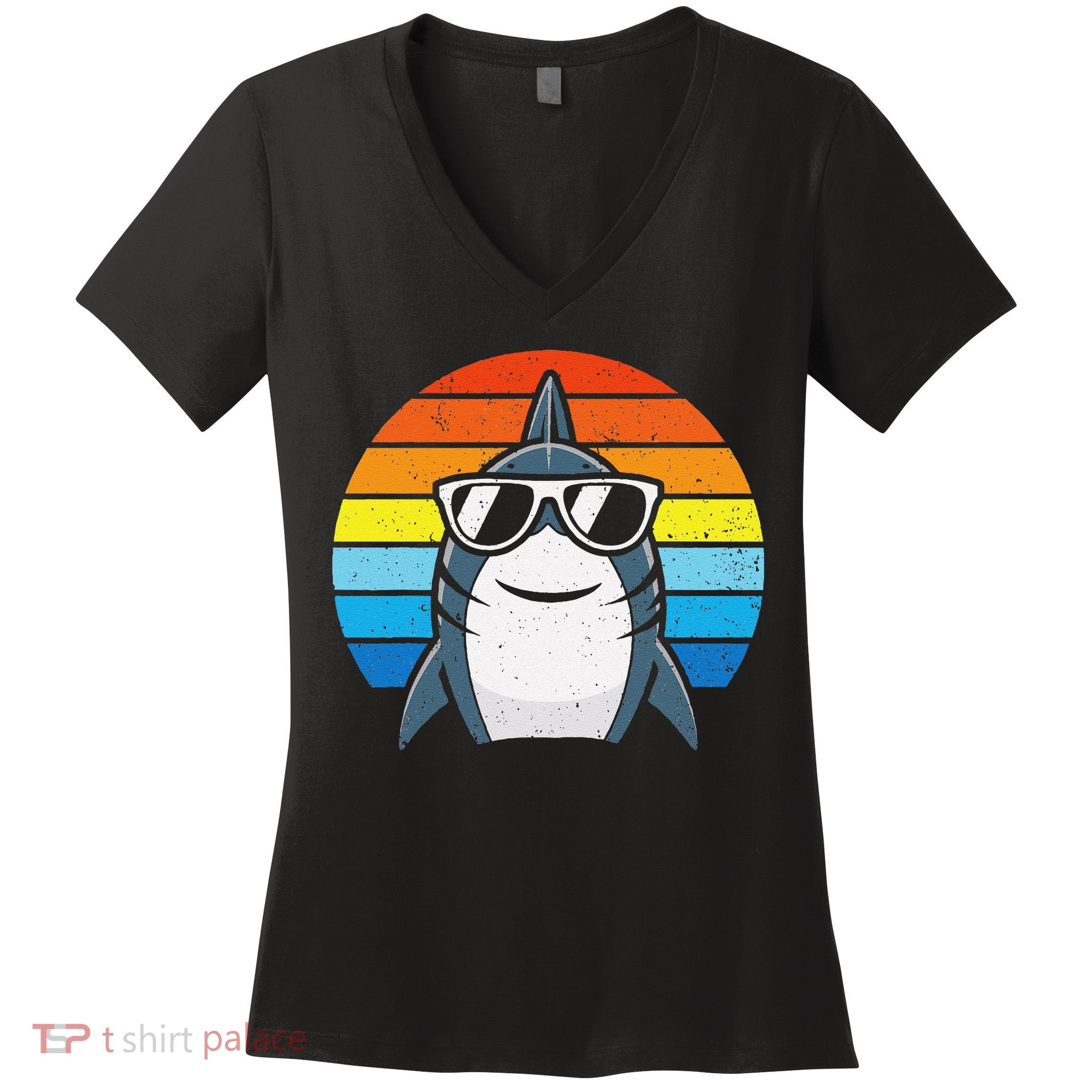 Retro Cool Shark With Sunglasses Funny Shark Women's V-Neck T-Shirt