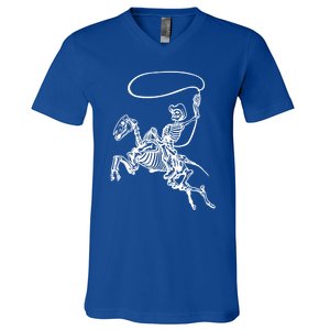 Retro Cow Skeleton Lassoing Western Country Horse Lovers Cute Gift V-Neck T-Shirt