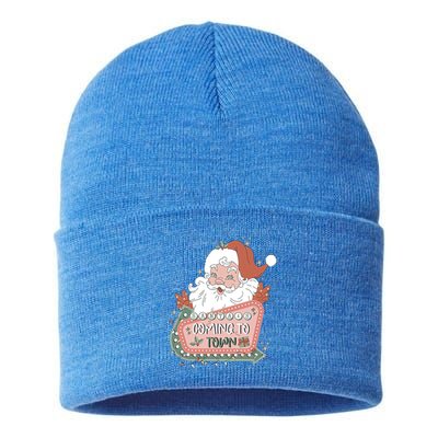 Retro Christmas SantaS Coming To Town Santa Claus Sleigh Gift Sustainable Knit Beanie