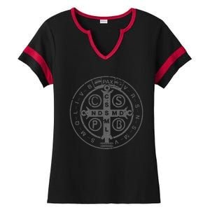 Religious Catholic St. Benedict Medal Christian Ladies Halftime Notch Neck Tee