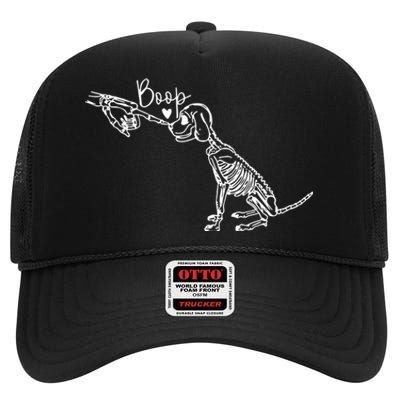 Retro Cute Skeleton Hand Boop Dog Funny Halloween High Crown Mesh Back Trucker Hat