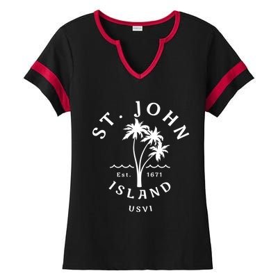 Retro Cool St John Usvi Beach Palm Tree Novelty Souvenir Gift Ladies Halftime Notch Neck Tee