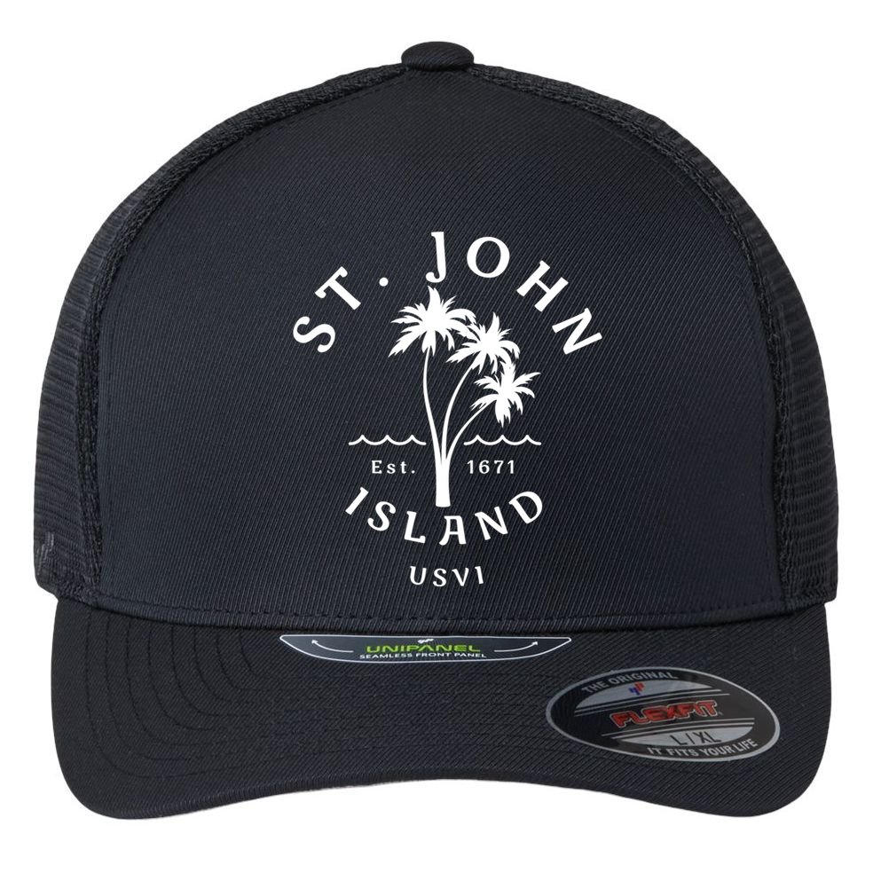 Retro Cool St John Usvi Beach Palm Tree Novelty Souvenir Gift Flexfit Unipanel Trucker Cap