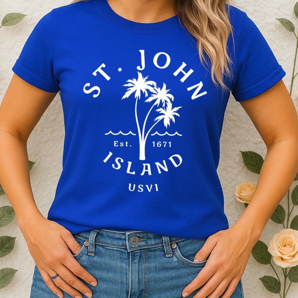Retro Cool St John Usvi Beach Palm Tree Novelty Souvenir Gift Womens T-Shirt