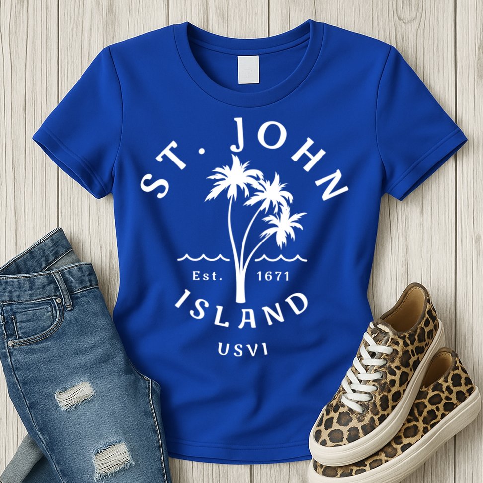 Retro Cool St John Usvi Beach Palm Tree Novelty Souvenir Gift Womens T-Shirt