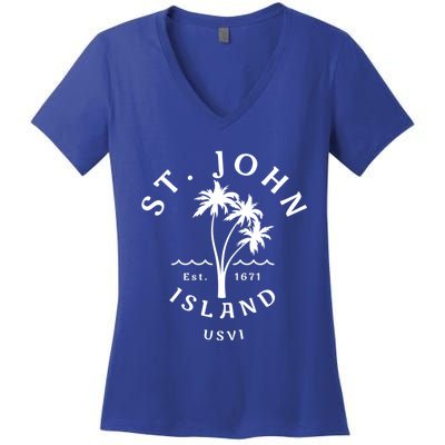 Retro Cool St John Usvi Beach Palm Tree Novelty Souvenir Gift Women's V-Neck T-Shirt