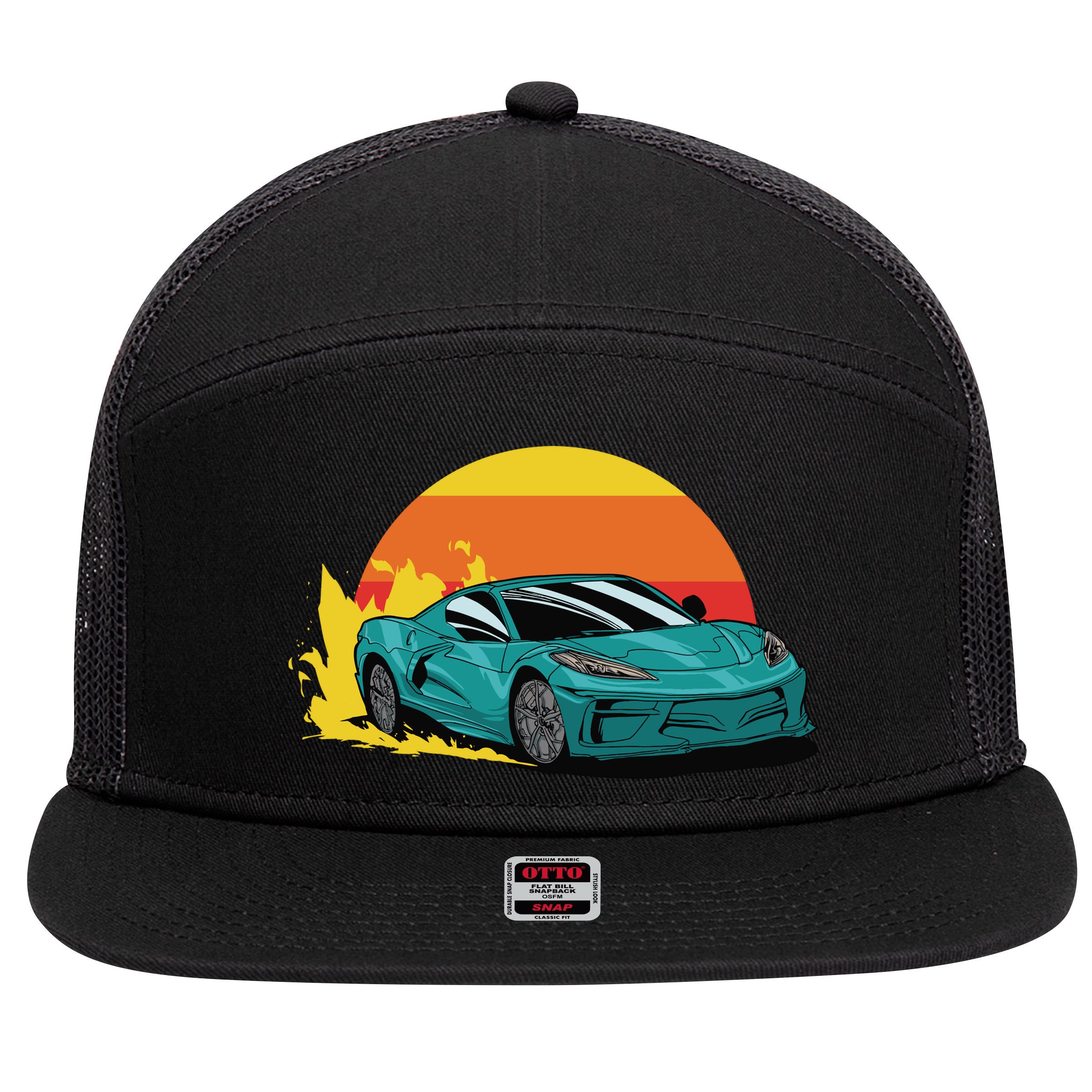Race Car Sunset 7 Panel Mesh Trucker Snapback Hat