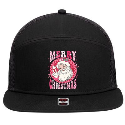 Retro Cheerful Santa Merry Christmas Santa Claus Gift 7 Panel Mesh Trucker Snapback Hat