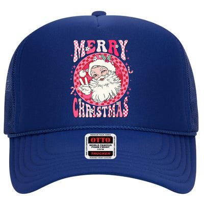 Retro Cheerful Santa Merry Christmas Santa Claus Gift High Crown Mesh Back Trucker Hat