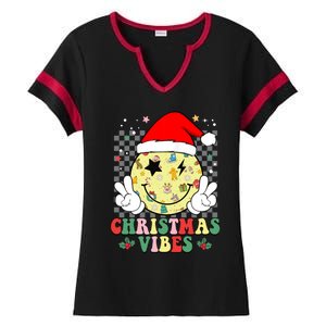 Retro Cute Santa Claus Smile Face Christmas Vibes Xmas Gift Ladies Halftime Notch Neck Tee