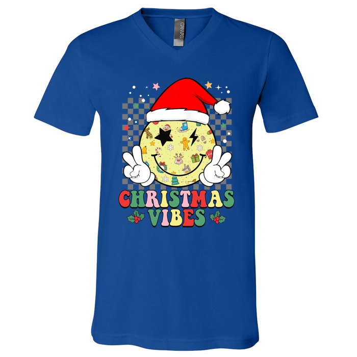 Retro Cute Santa Claus Smile Face Christmas Vibes Xmas Gift V-Neck T-Shirt