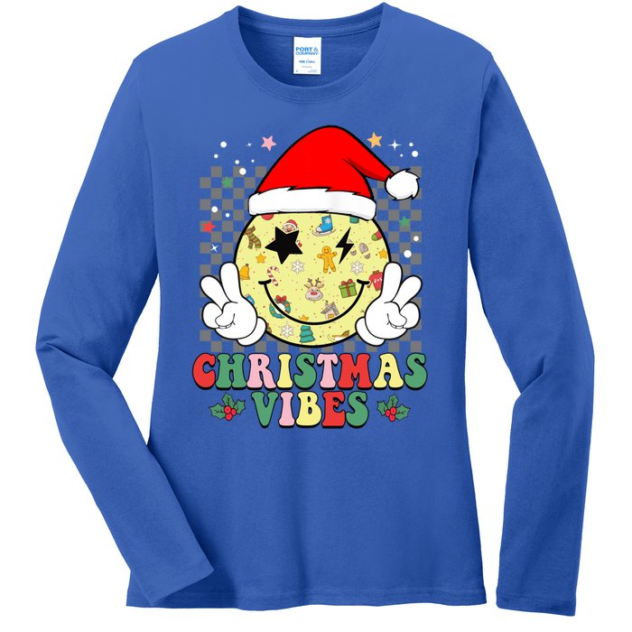 Retro Cute Santa Claus Smile Face Christmas Vibes Xmas Gift Ladies Long Sleeve Shirt