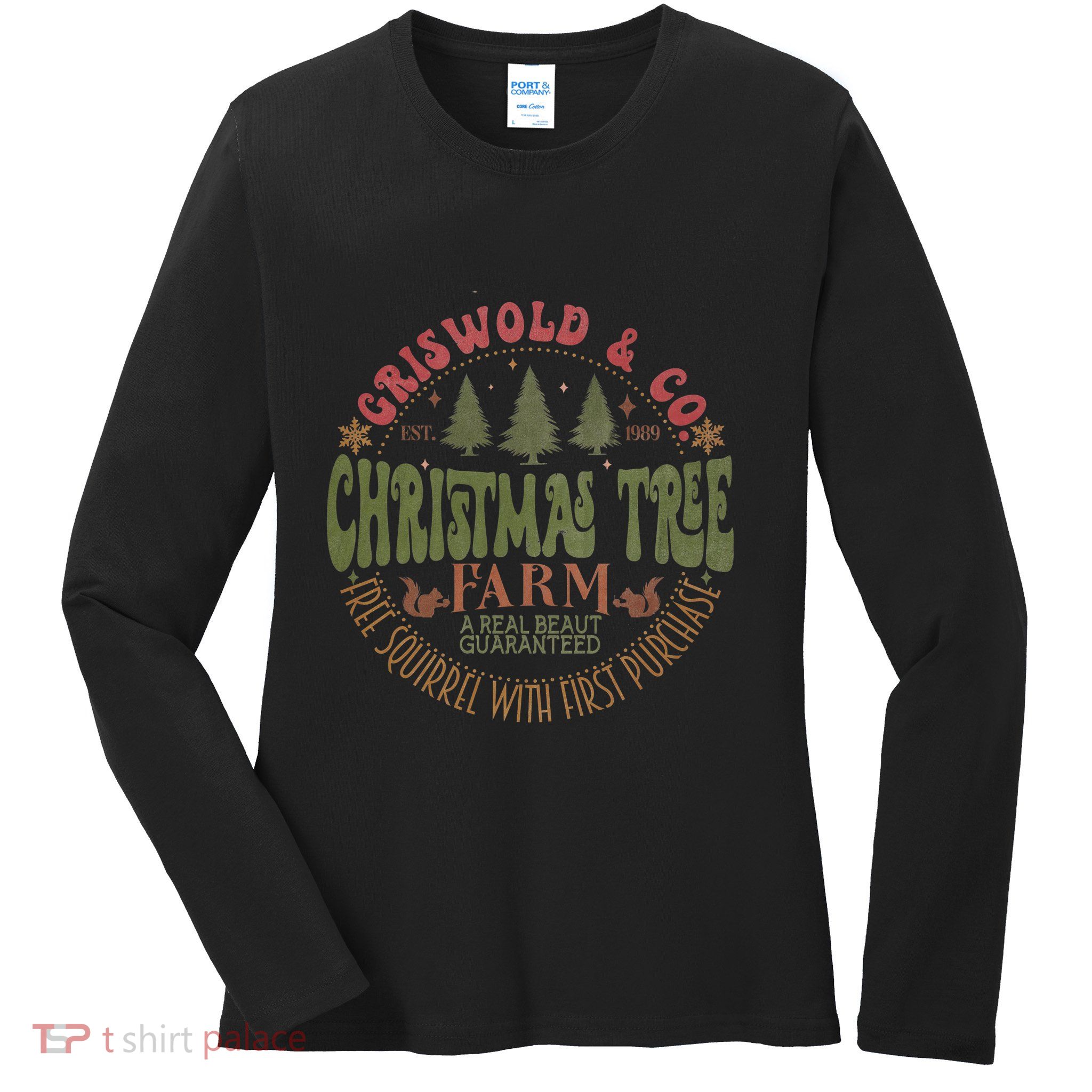 Retro Christmas Tree Farm Funny Holiday Vibes Ladies Long Sleeve Shirt