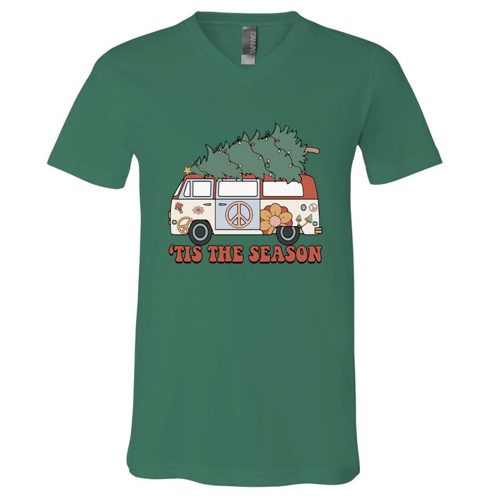 Retro Christmas Tis The Season Truck Christmas Tree Lights V-Neck T-Shirt