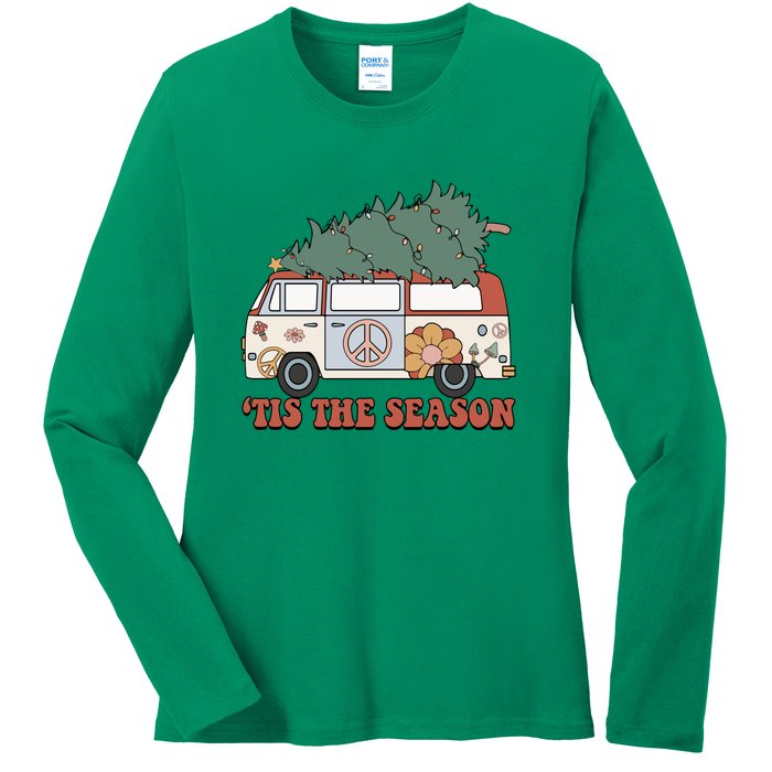 Retro Christmas Tis The Season Truck Christmas Tree Lights Ladies Long Sleeve Shirt