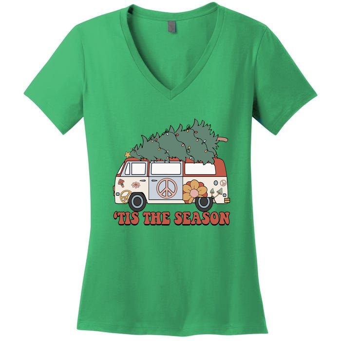 Retro Christmas Tis The Season Truck Christmas Tree Lights Women's V-Neck T-Shirt