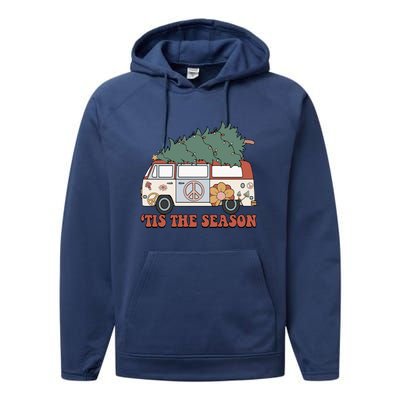 Retro Christmas Tis The Season Truck Christmas Tree Lights Performance Fleece Hoodie