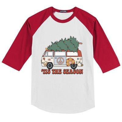 Retro Christmas Tis The Season Truck Christmas Tree Lights Kids Colorblock Raglan Jersey